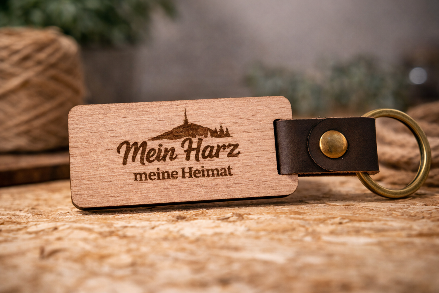 Holz-Schlüsselanhänger mit Lederband/Mein Harz